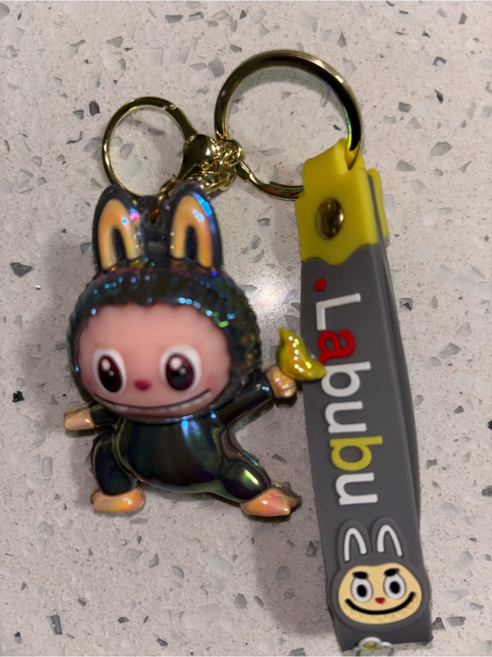 Iridescent Bunny Character Keychain with Yellow Labubu Strap New